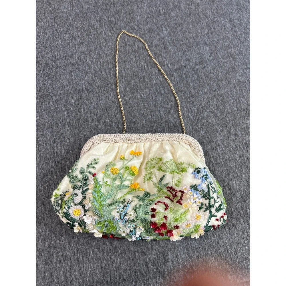 Floral Beaded Embroidered Evening Clutch Bag Cream Gold Chain Handcrafted
